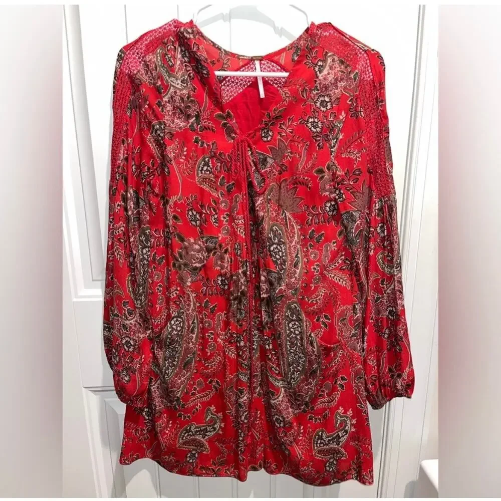 Free People Rain or Shine Paisley Mini Dress Red Poppy Size XS